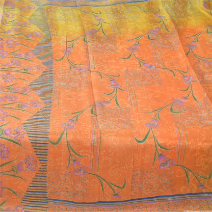 Sanskriti Vintage Sarees Orange/Yellow Pure Silk Printed Sari 6yd Craft Fabric