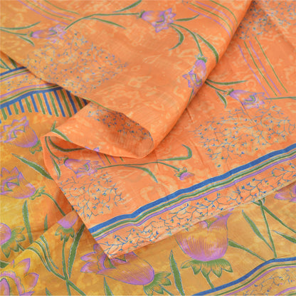 Sanskriti Vintage Sarees Orange/Yellow Pure Silk Printed Sari 6yd Craft Fabric