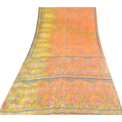 Sanskriti Vintage Sarees Orange/Yellow Pure Silk Printed Sari 6yd Craft Fabric