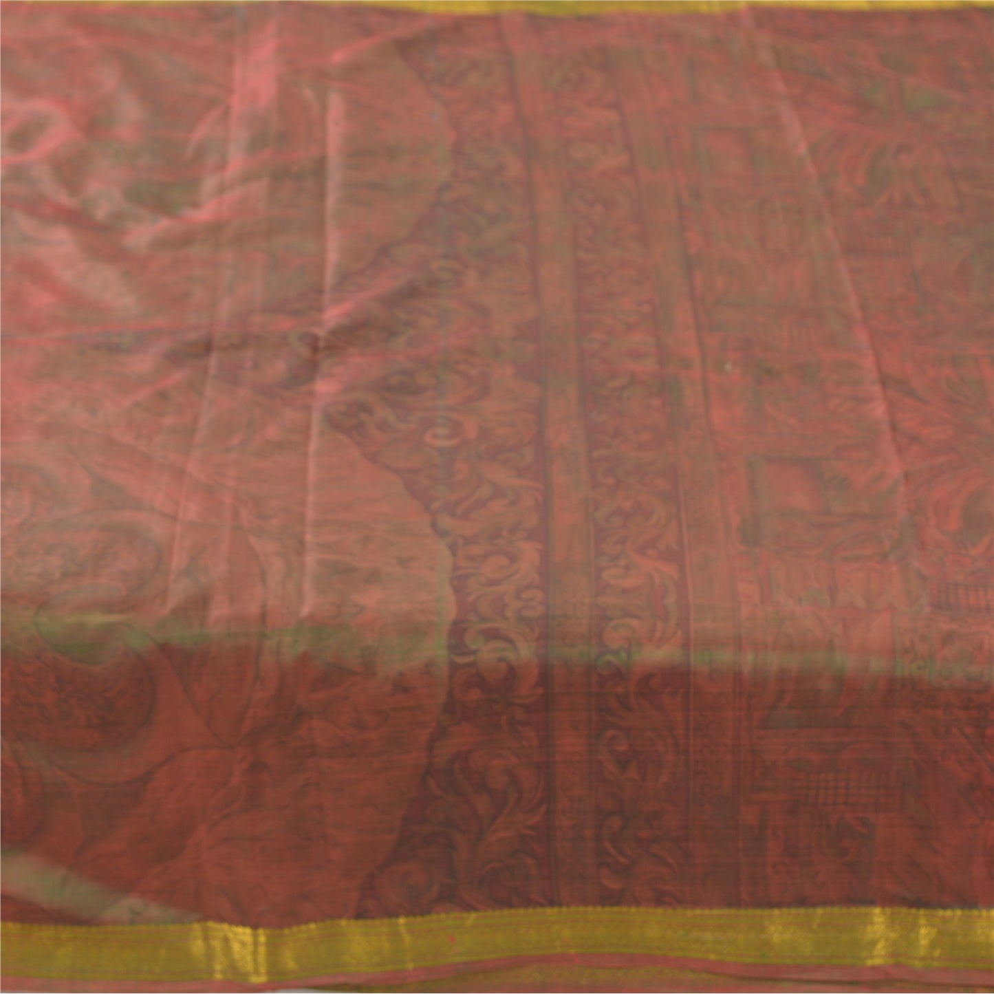 Sanskriti Vintage Sarees Multi Zari Border Pure Silk Print Sari 6yd CraftFabric