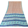 Sanskriti Vintage Sarees Peach/Blue 100% Pure Silk Printed Sari 5yd Craft Fabric