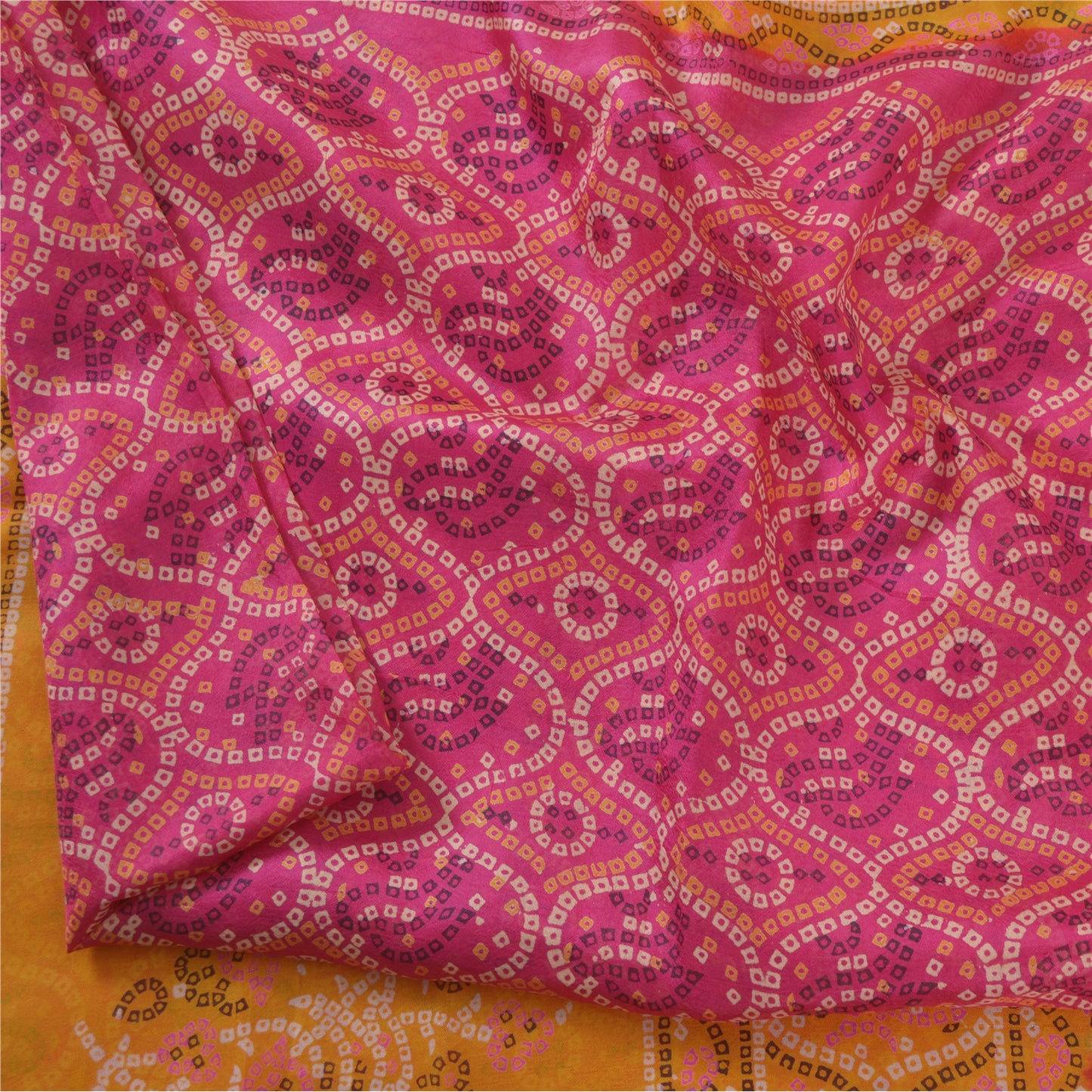 Sanskriti Vintage Sarees Pink/Saffron Pure Silk Bandhani Printed Sari Fabric