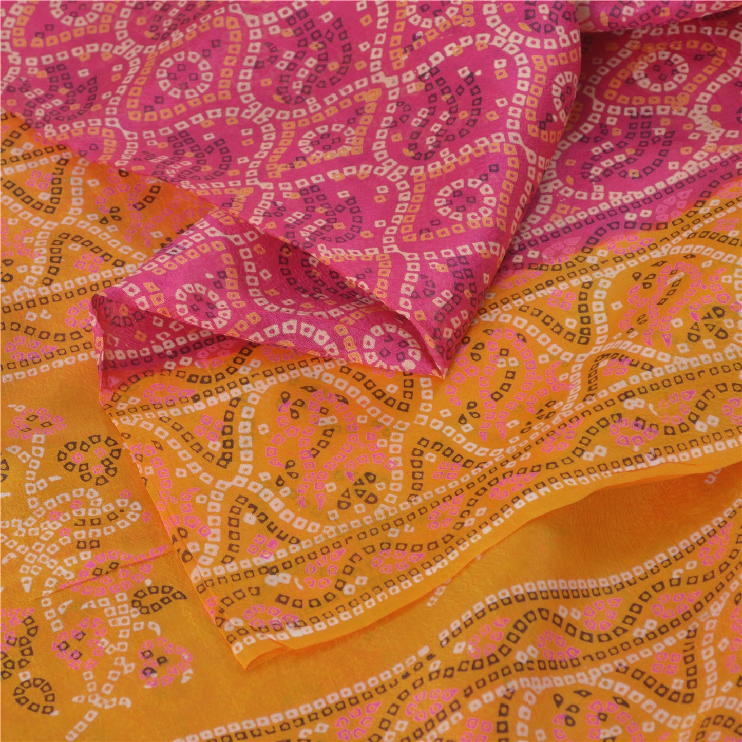 Sanskriti Vintage Sarees Pink/Saffron Pure Silk Bandhani Printed Sari Fabric