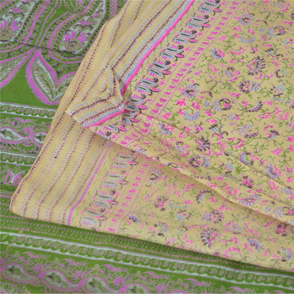 Sanskriti Vintage Sarees Lemon Indian Pure Silk Printed Sari 6yd Craft Fabric