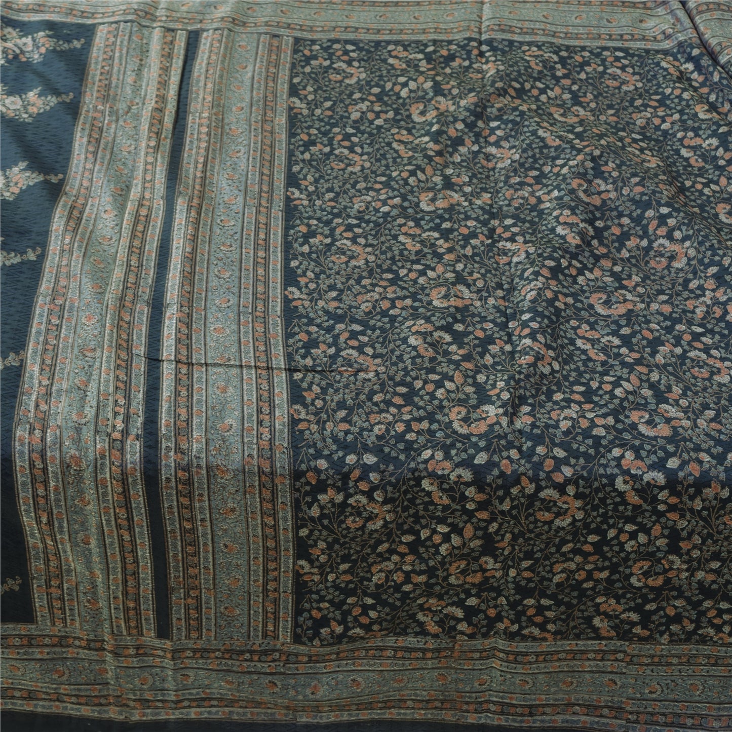 Sanskriti Vintage Sarees From India Dark Blue Pure Silk Printed Sari 5yd Fabric