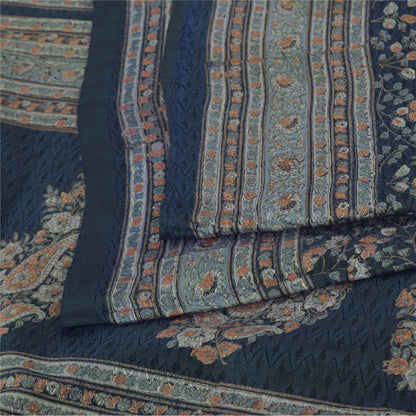 Sanskriti Vintage Sarees From India Dark Blue Pure Silk Printed Sari 5yd Fabric