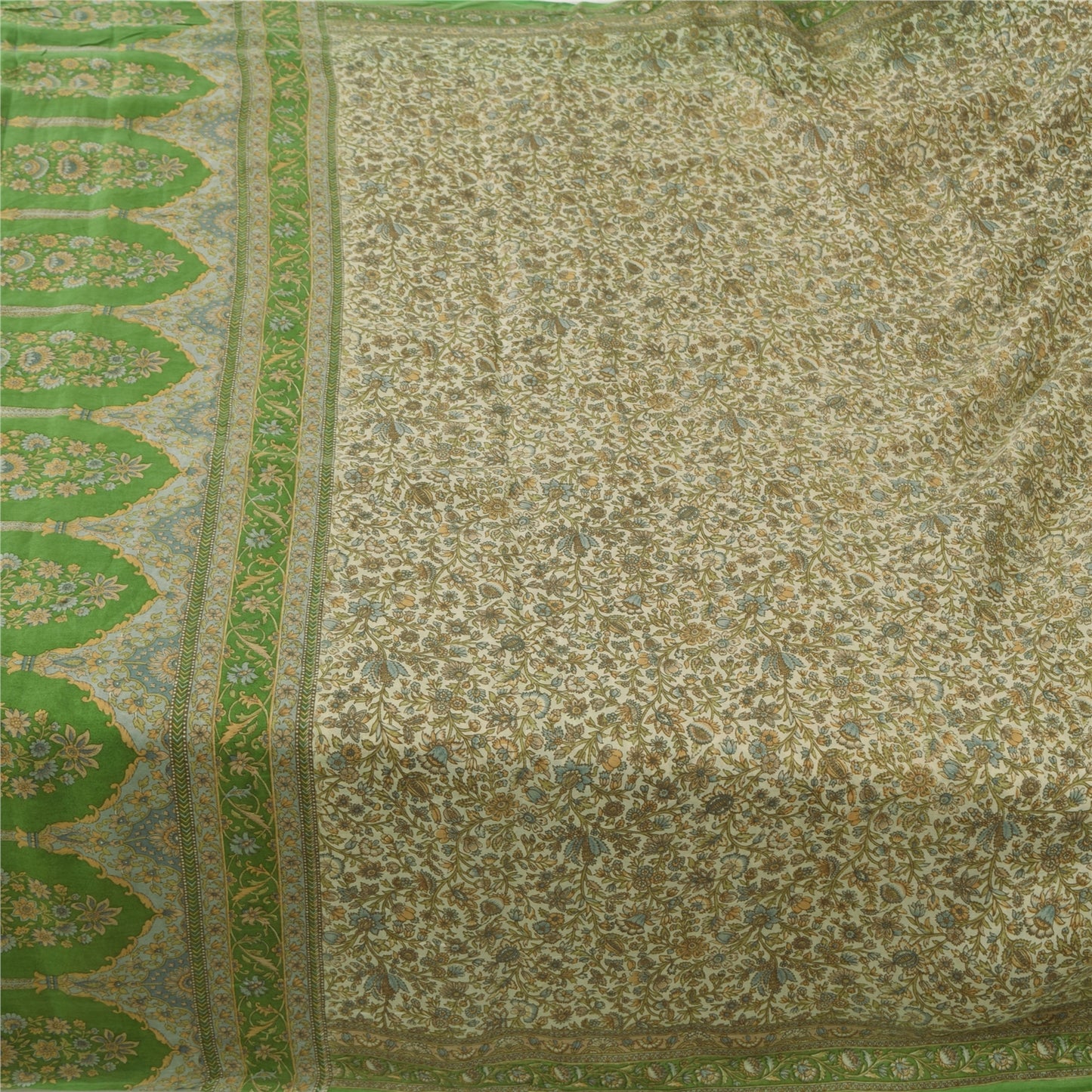 Sanskriti Vintage Sarees Ivory/Green Pure Silk Printed Sari 6yd Craft Fabric