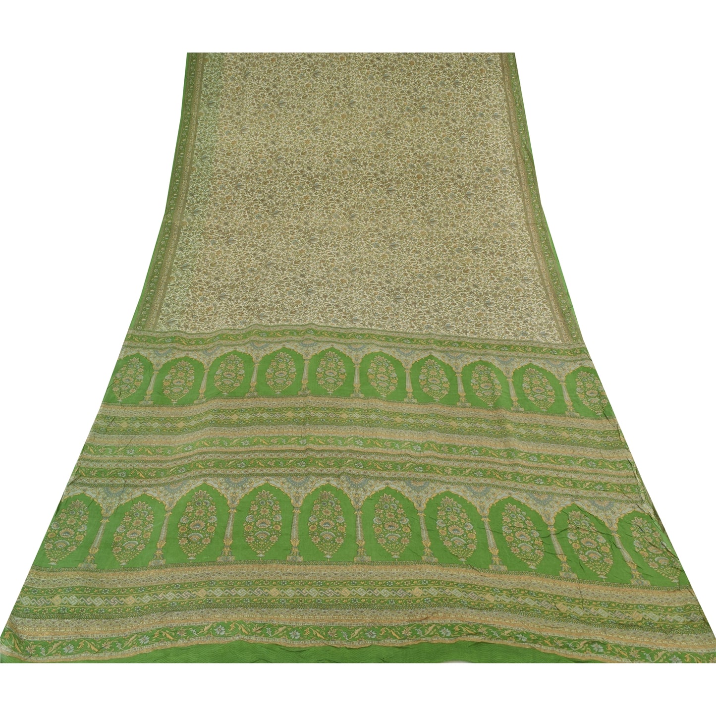 Sanskriti Vintage Sarees Ivory/Green Pure Silk Printed Sari 6yd Craft Fabric