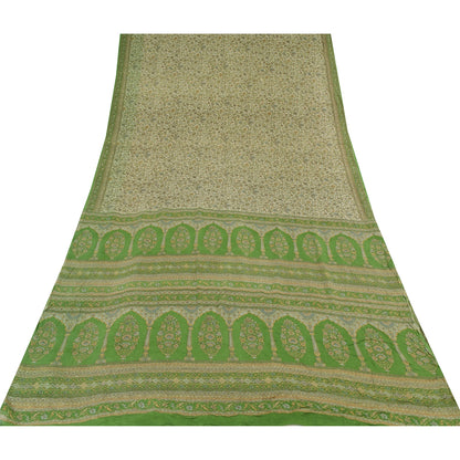 Sanskriti Vintage Sarees Ivory/Green Pure Silk Printed Sari 6yd Craft Fabric