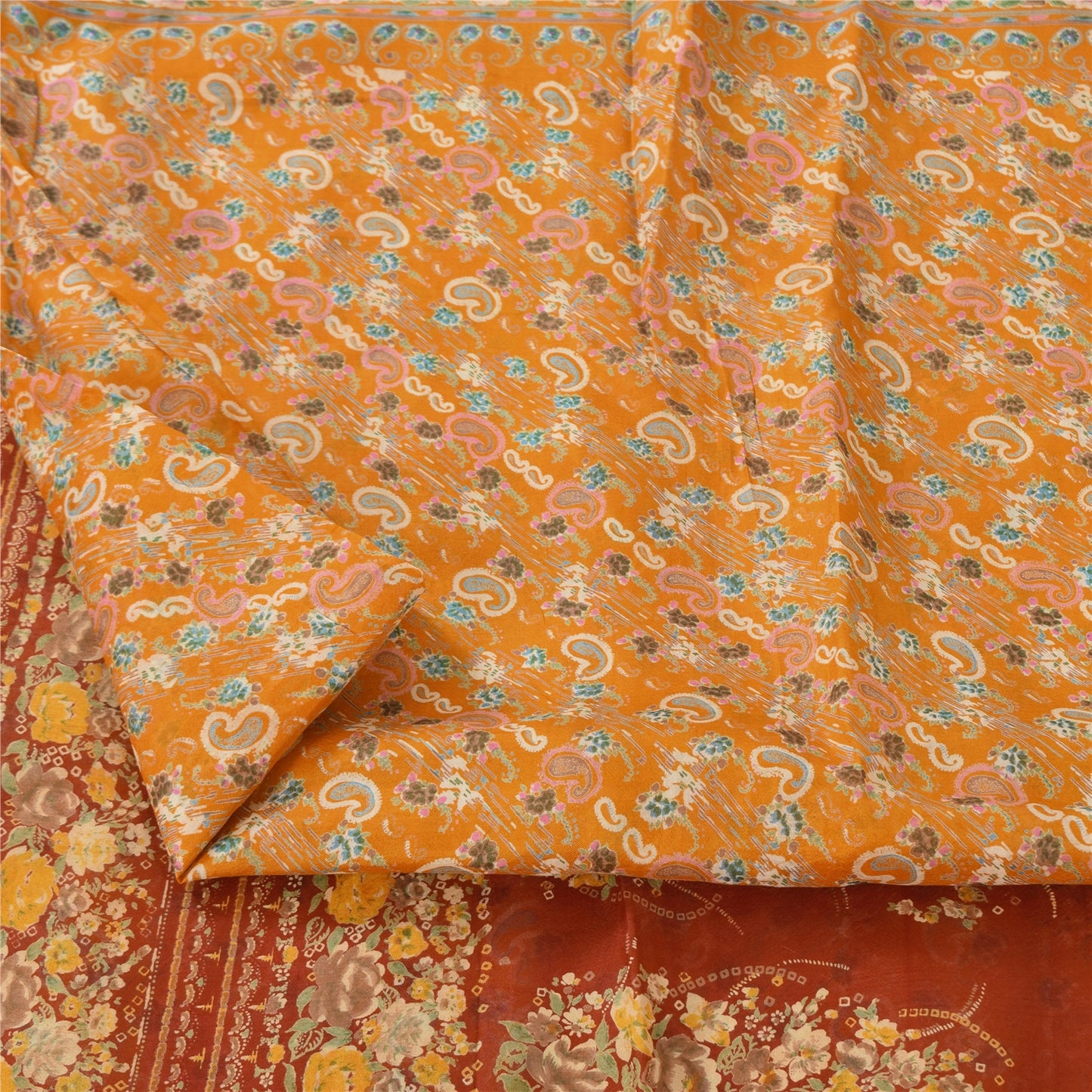 Sanskriti Vintage Sarees Yellow Indian Pure Silk Printed Sari 6yd Craft Fabric