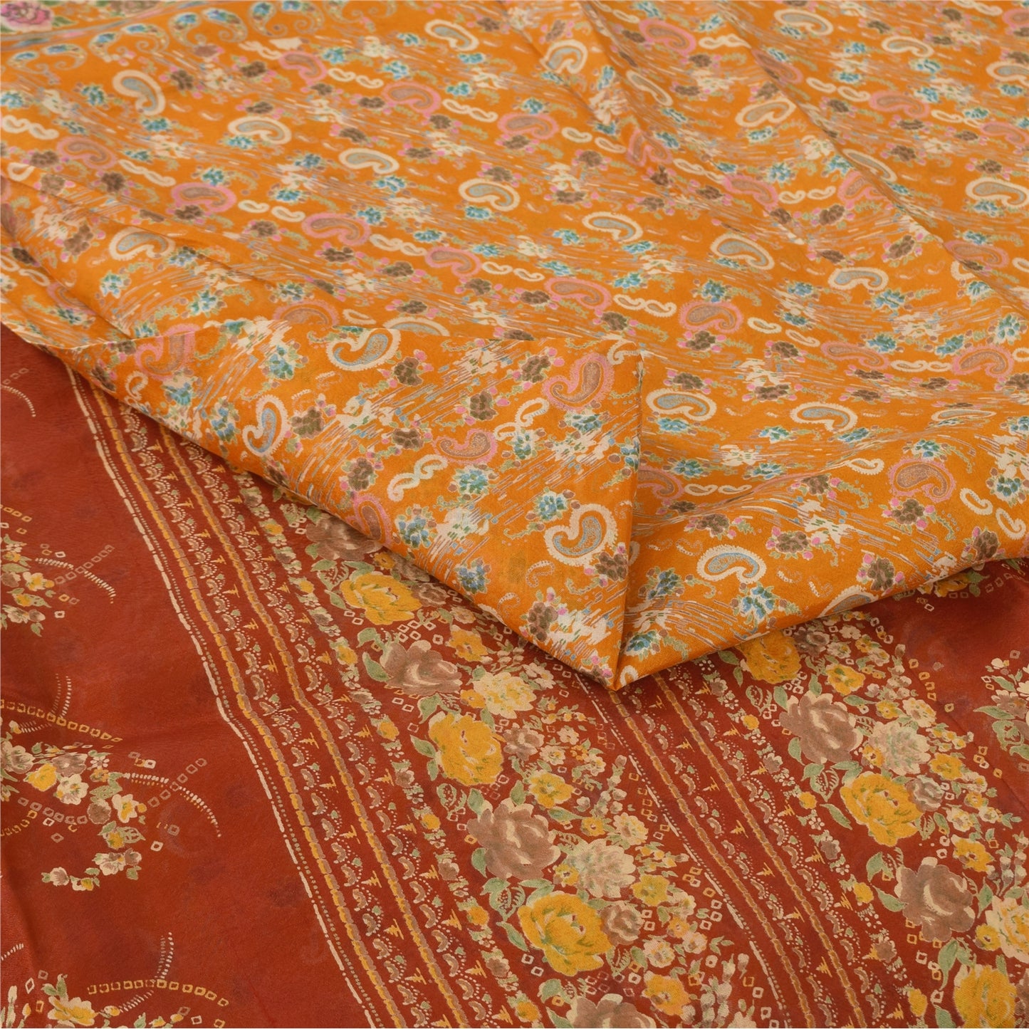 Sanskriti Vintage Sarees Yellow Indian Pure Silk Printed Sari 6yd Craft Fabric