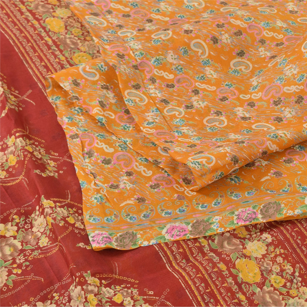 Sanskriti Vintage Sarees Yellow Indian Pure Silk Printed Sari 6yd Craft Fabric