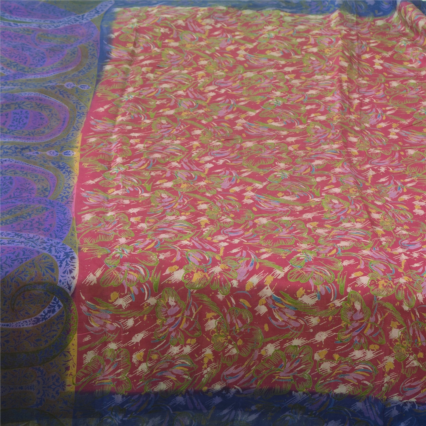 Sanskriti Vintage Sarees Pink Pure Silk Printed Sari 5yd Craft Fabric