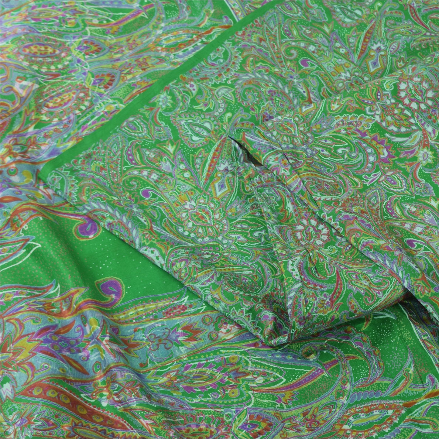 Sanskriti Vintage Sarees Indian Green Pure Silk Printed Sari 6yd Craft Fabric