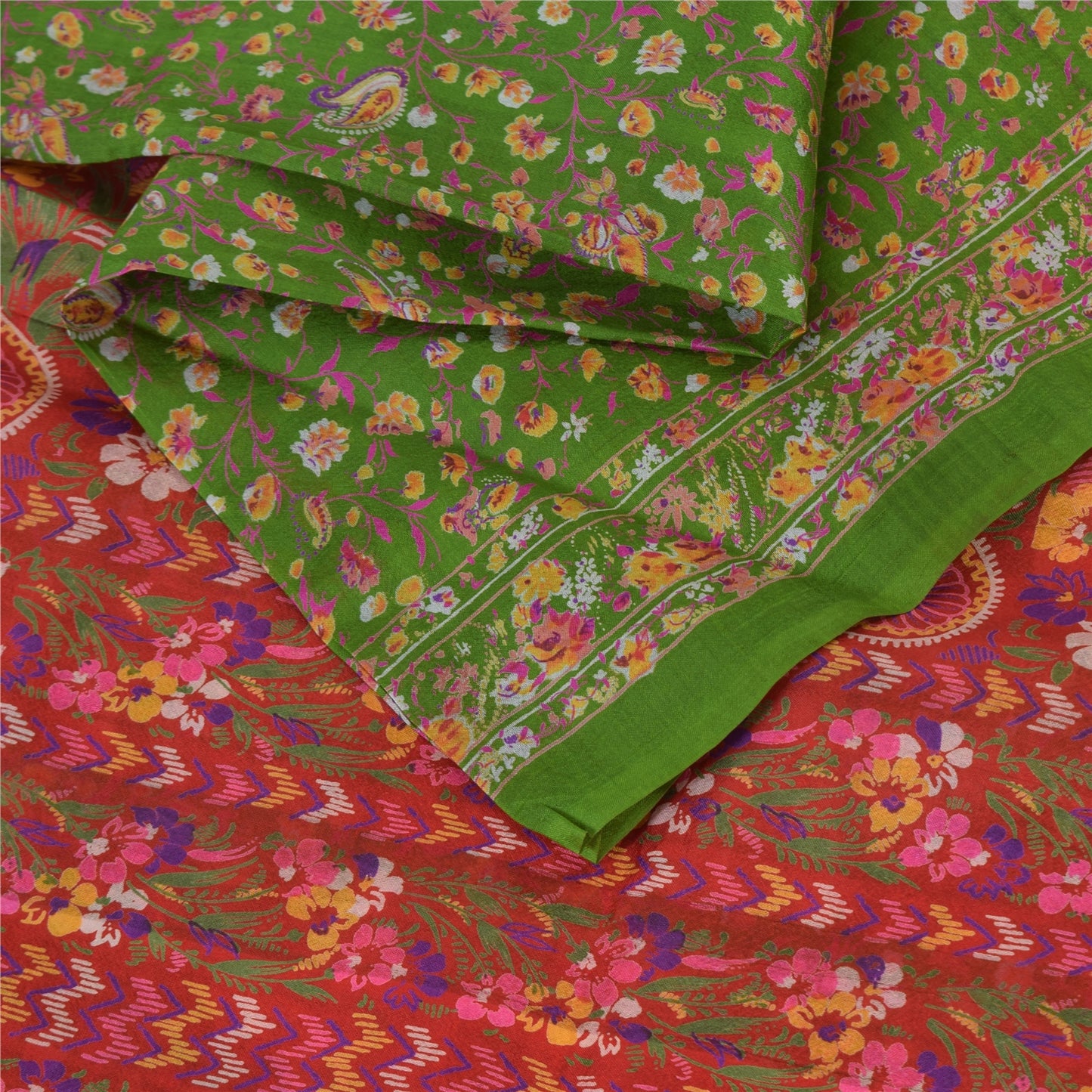 Sanskriti Vintage Sarees Green/Pink Pure Silk Printed Sari 5yd Craft Fabric