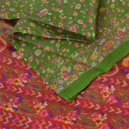 Sanskriti Vintage Sarees Green/Pink Pure Silk Printed Sari 5yd Craft Fabric