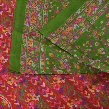 Sanskriti Vintage Sarees Green/Pink Pure Silk Printed Sari 5yd Craft Fabric