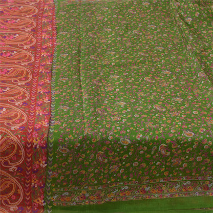 Sanskriti Vintage Sarees Green/Pink Pure Silk Printed Sari 5yd Craft Fabric