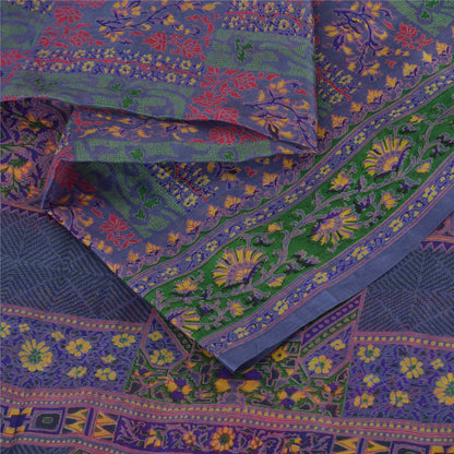 Sanskriti Vintage Sarees Purple Pure Silk Printed Sari 5yd Craft Fabric