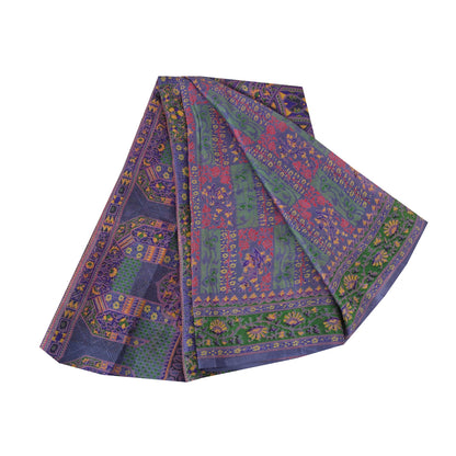 Sanskriti Vintage Sarees Purple Pure Silk Printed Sari 5yd Craft Fabric