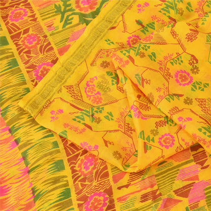 Sanskriti Vintage Sarees Yellow Zari Border Pure Silk Print Sari 6yd CraftFabric