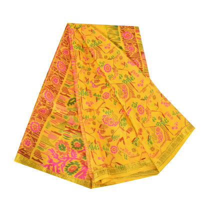 Sanskriti Vintage Sarees Yellow Zari Border Pure Silk Print Sari 6yd CraftFabric