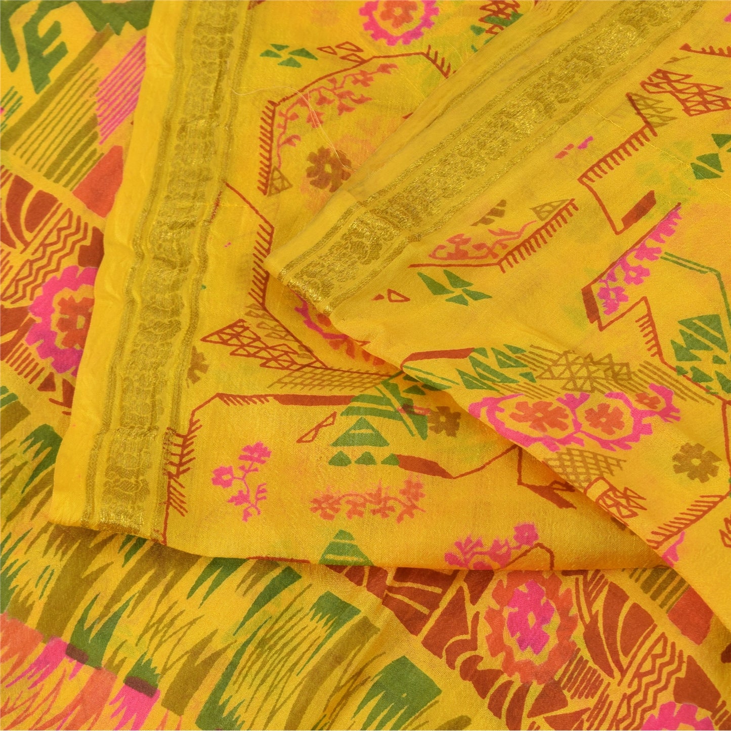 Sanskriti Vintage Sarees Yellow Zari Border Pure Silk Print Sari 6yd CraftFabric