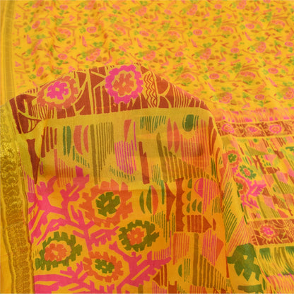 Sanskriti Vintage Sarees Yellow Zari Border Pure Silk Print Sari 6yd CraftFabric