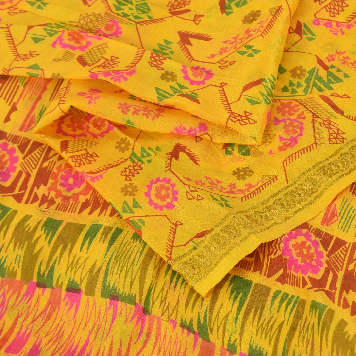 Sanskriti Vintage Sarees Yellow Zari Border Pure Silk Print Sari 6yd CraftFabric