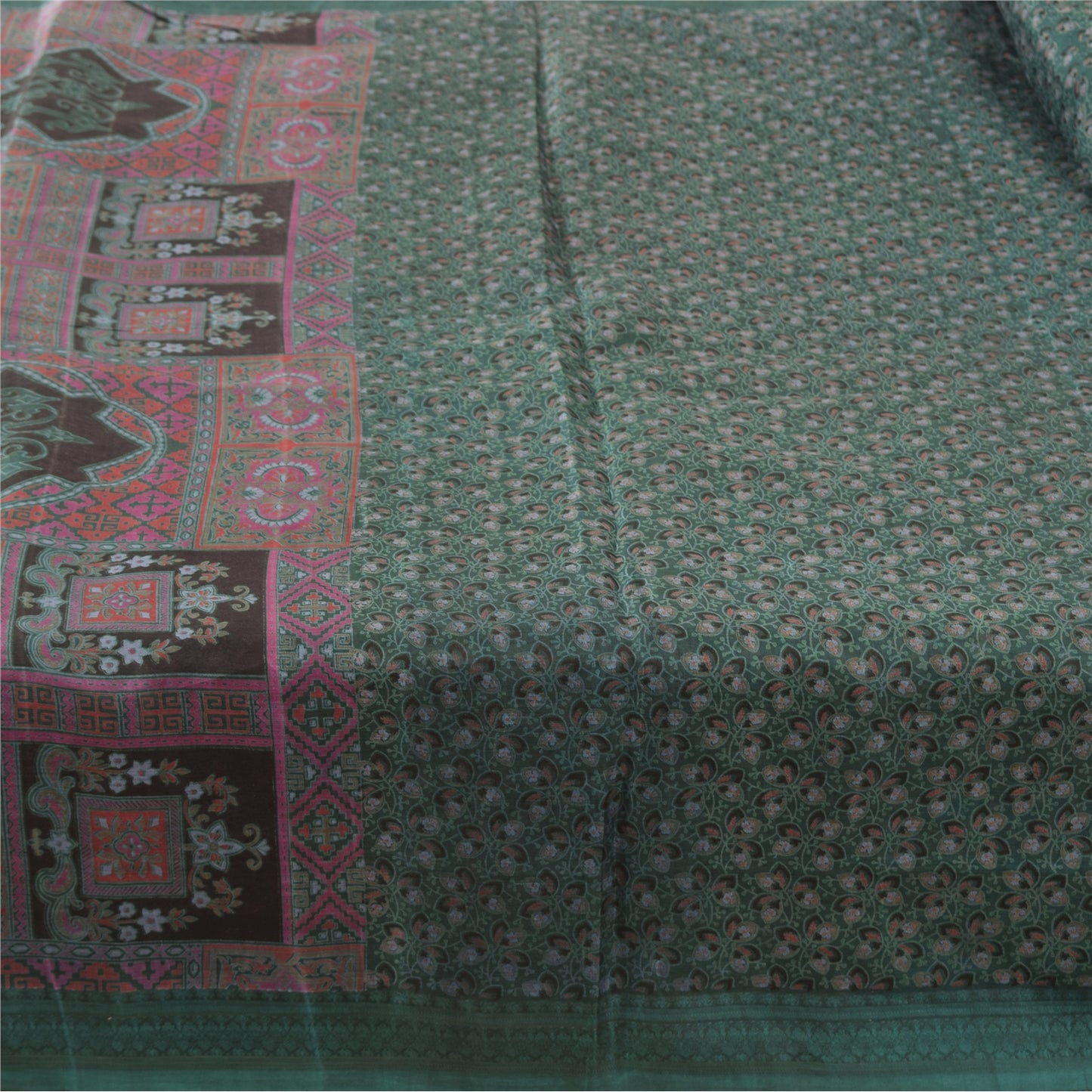 Sanskriti Vintage Sarees Green Indian Pure Silk Printed Sari 6yd Craft Fabric