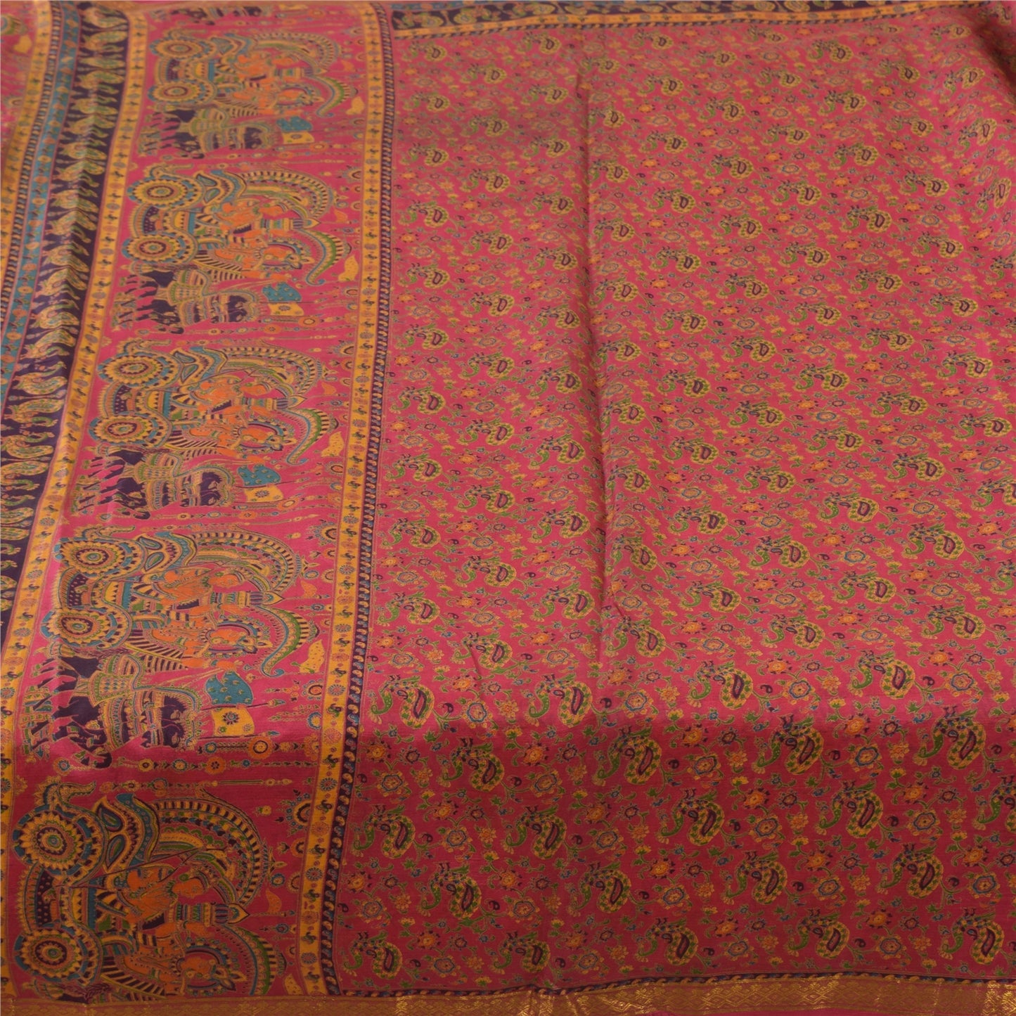 Sanskriti Vintage Sarees Pink Zari Border Human Printed Pure Silk Sari Fabric