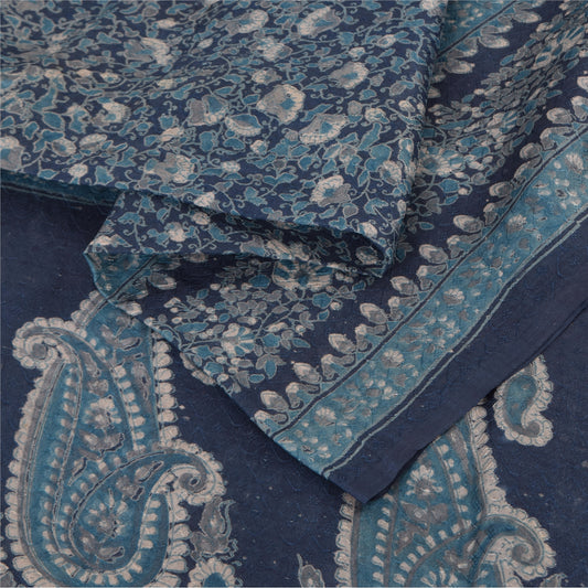 Sanskriti Vintage Sarees From India Blue Pure Silk Printed Sari 5yd Craft Fabric