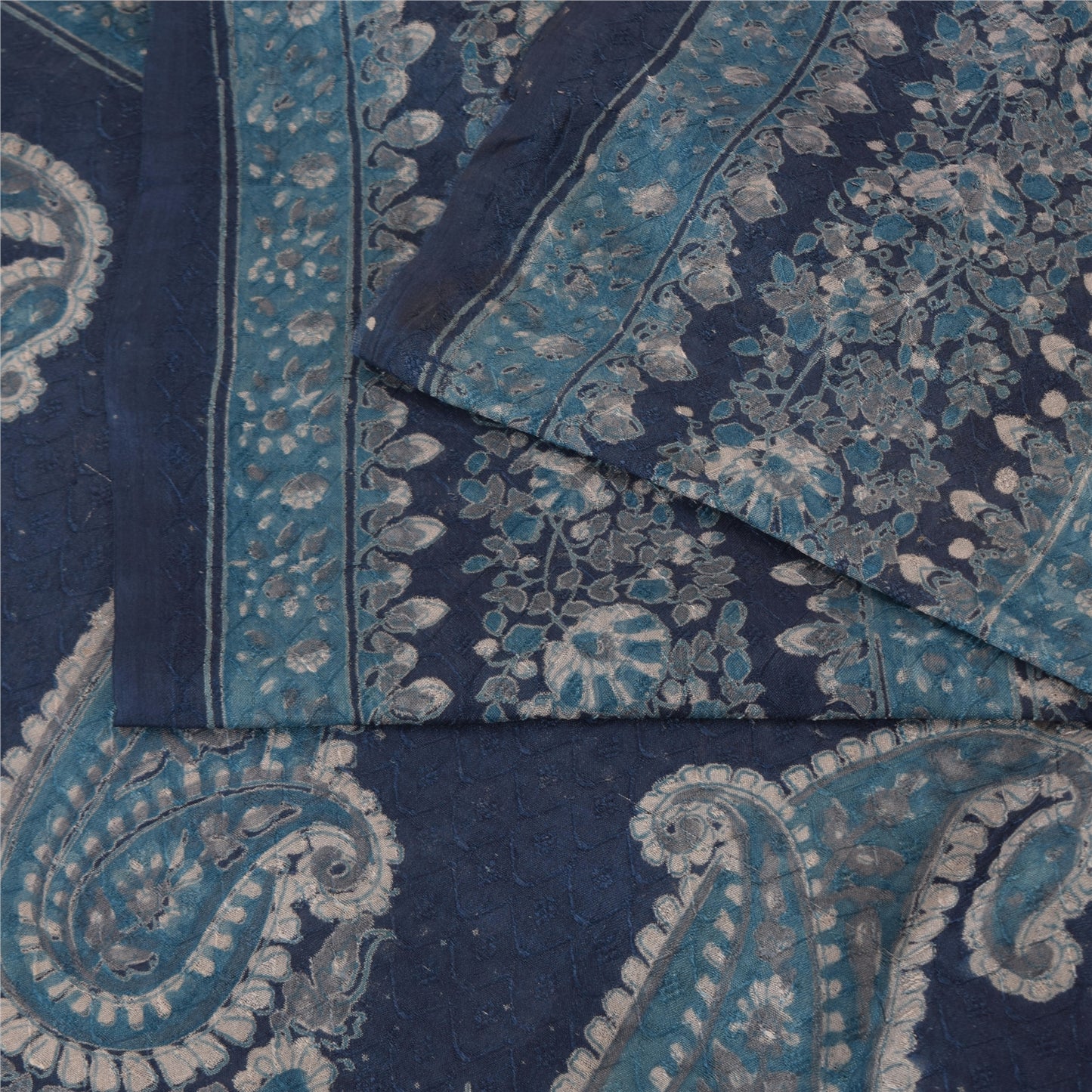 Sanskriti Vintage Sarees From India Blue Pure Silk Printed Sari 5yd Craft Fabric