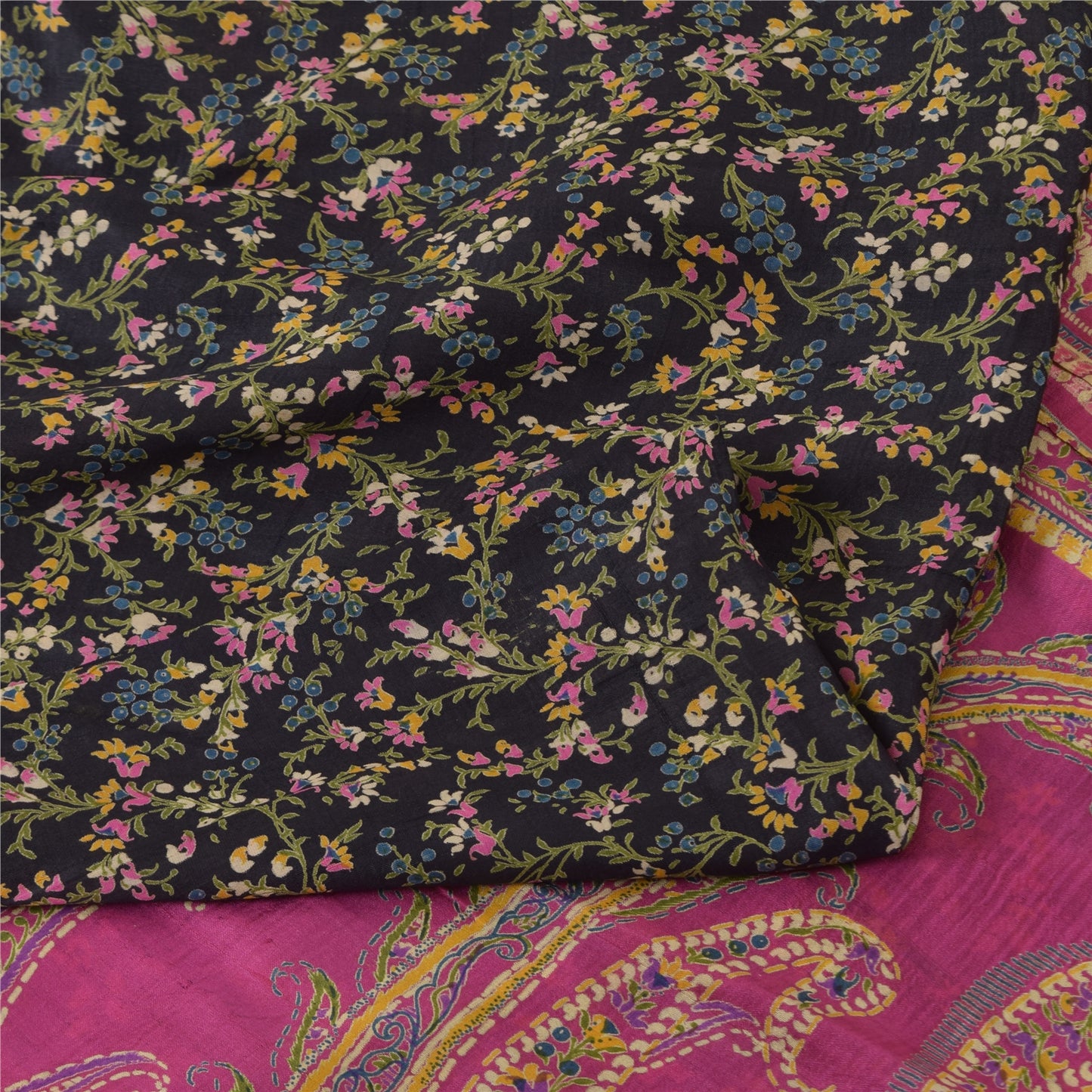 Sanskriti Vintage Sarees Black/Pink Pure Silk Printed Sari 5yd Soft Craft Fabric