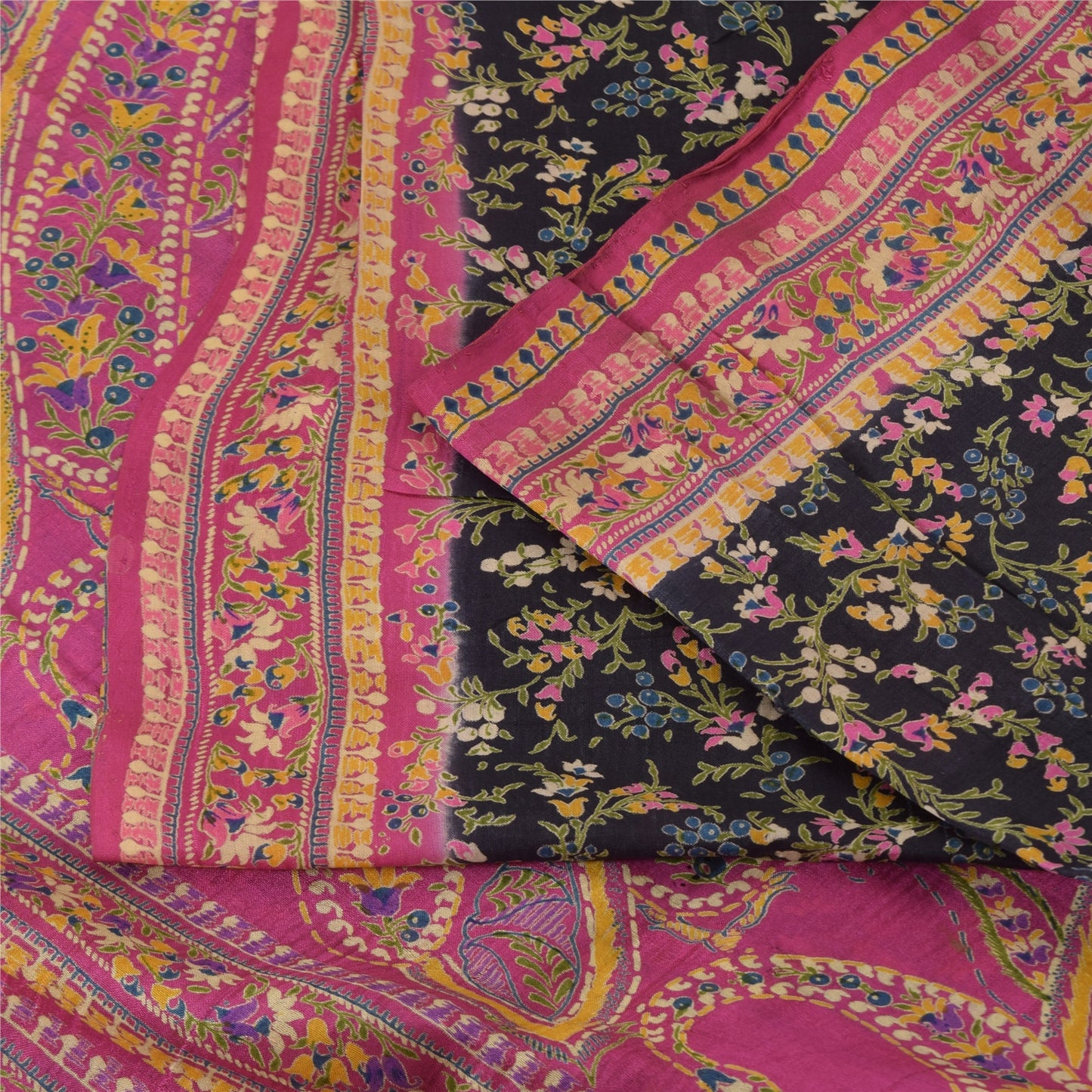 Sanskriti Vintage Sarees Black/Pink Pure Silk Printed Sari 5yd Soft Craft Fabric