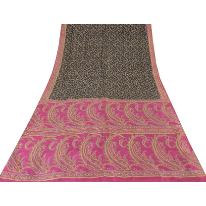 Sanskriti Vintage Sarees Black/Pink Pure Silk Printed Sari 5yd Soft Craft Fabric