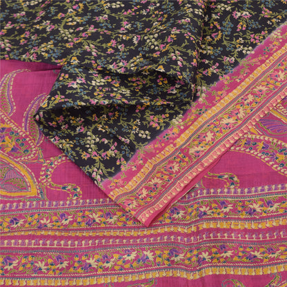 Sanskriti Vintage Sarees Black/Pink Pure Silk Printed Sari 5yd Soft Craft Fabric