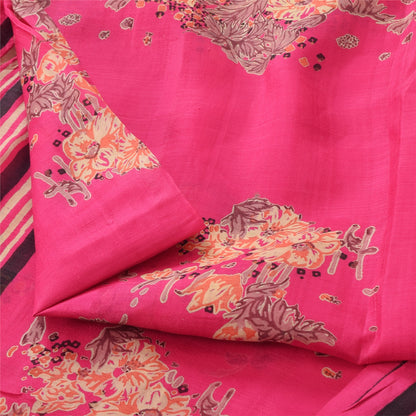 Sanskriti Vintage Sarees Hot Pink Indian Pure Silk Printed Sari 7yd Craft Fabric