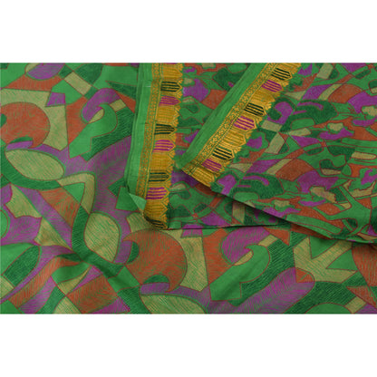 Sanskriti Vintage Sarees Green Zari Border Pure Silk Print Sari 6yd Craft Fabric