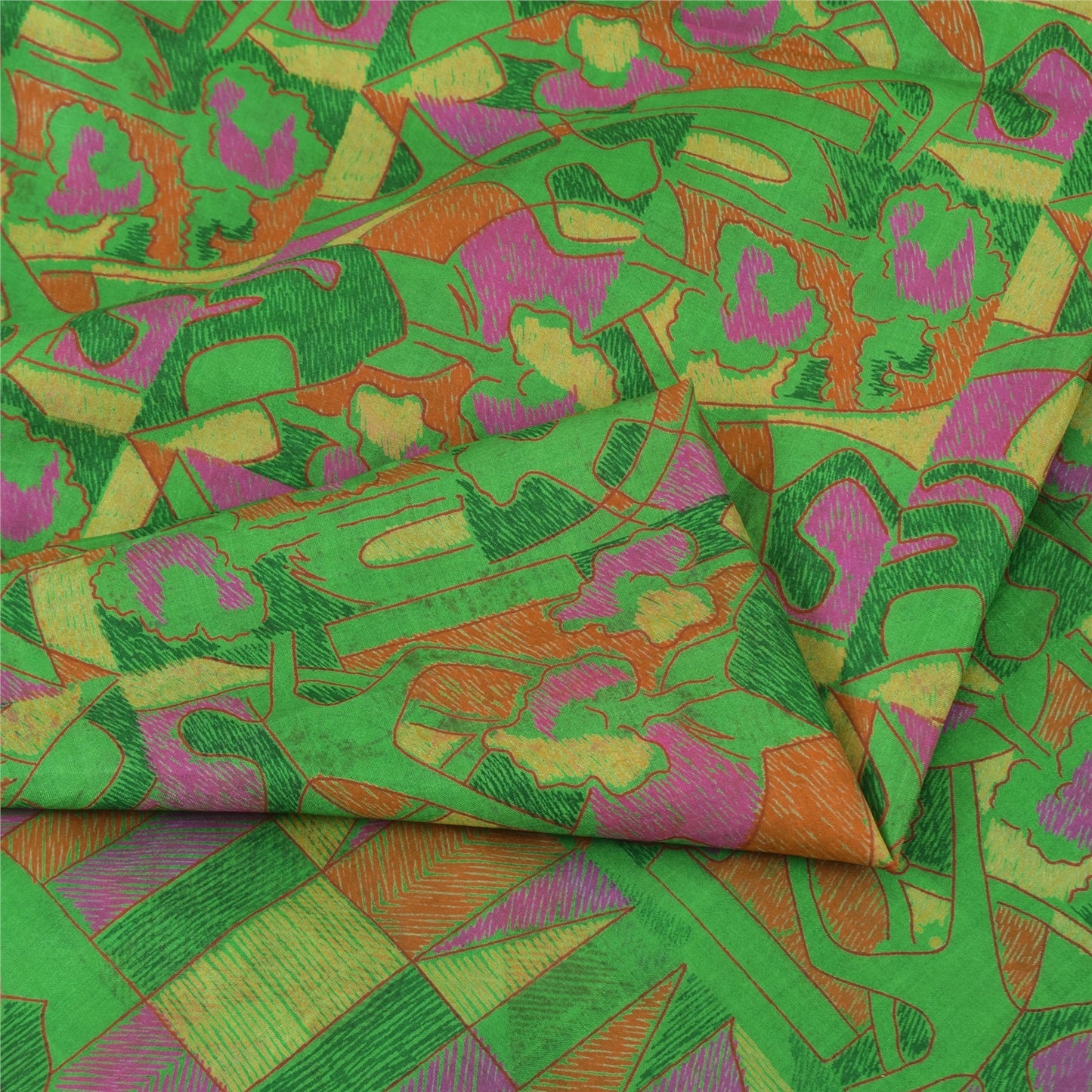 Sanskriti Vintage Sarees Green Zari Border Pure Silk Print Sari 6yd Craft Fabric