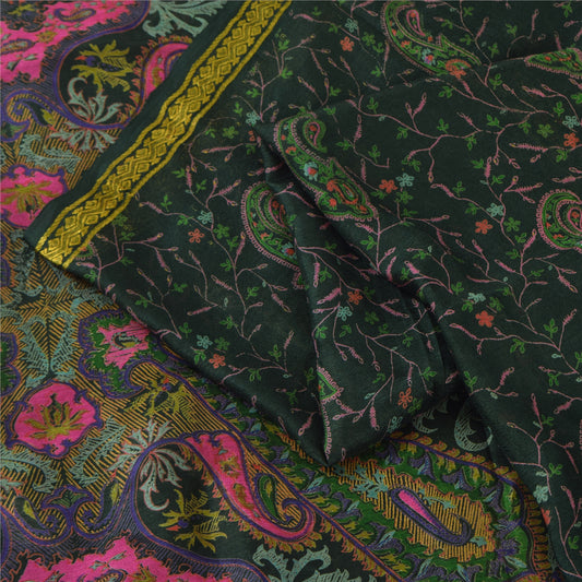 Sanskriti Vintage Sarees Kai-Green Pure Silk Zari Paisley Printed Sari 5ydFabric