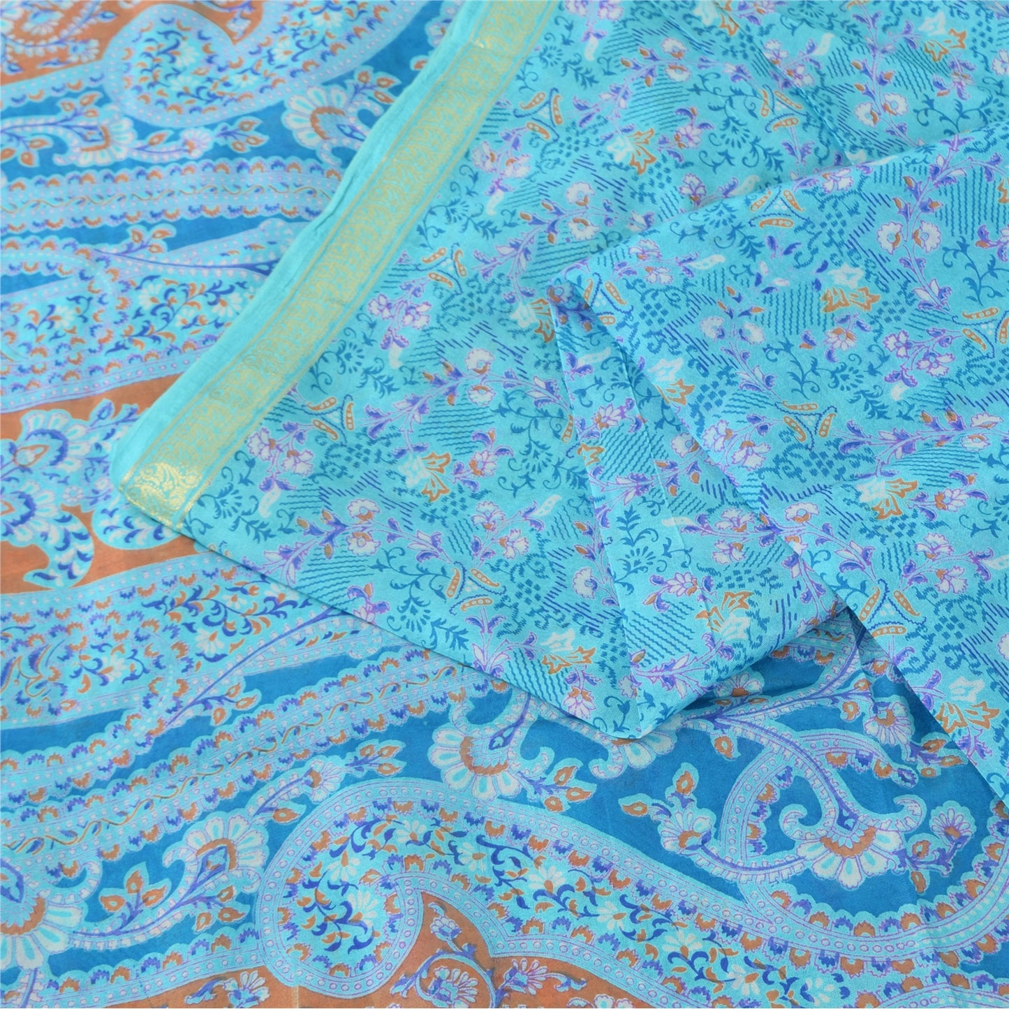 Sanskriti Vintage Sarees Blue Zari Border Pure Silk Print Sari 5yd Craft Fabric