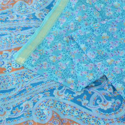 Sanskriti Vintage Sarees Blue Zari Border Pure Silk Print Sari 5yd Craft Fabric