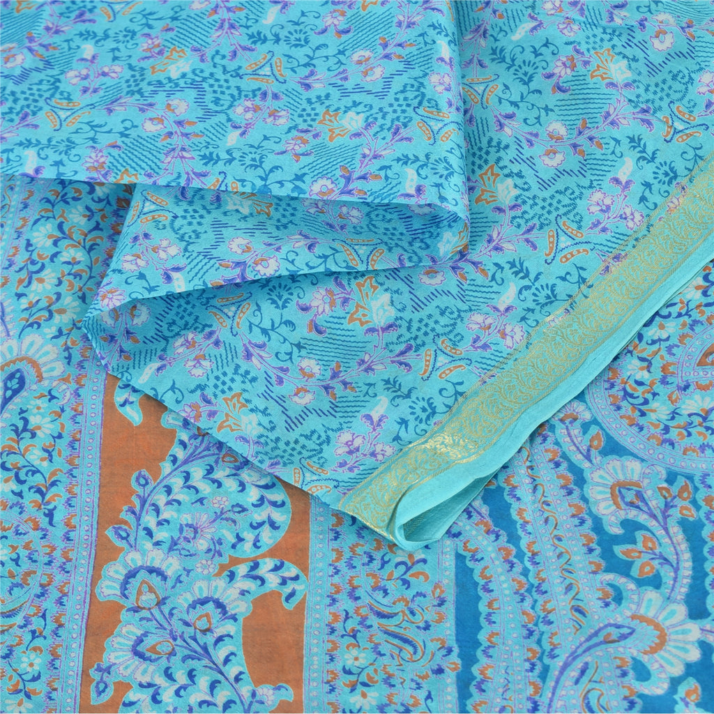 Sanskriti Vintage Sarees Blue Zari Border Pure Silk Print Sari 5yd Craft Fabric