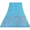 Sanskriti Vintage Sarees Blue Zari Border Pure Silk Print Sari 5yd Craft Fabric