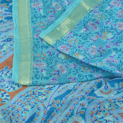 Sanskriti Vintage Sarees Blue Zari Border Pure Silk Print Sari 5yd Craft Fabric