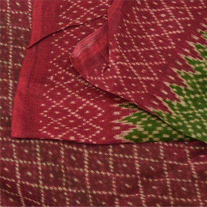 Sanskriti Vintage Sarees Green/Red 100% Pure Silk Printed Sari 6yd Craft Fabric