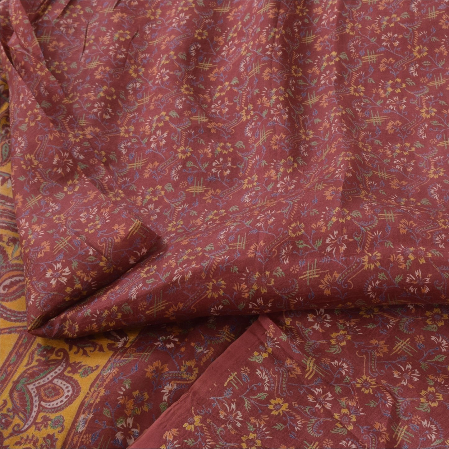 Sanskriti Vintage Sarees Indian Dark Red Pure Silk Printed Sari 5yd Craft Fabric