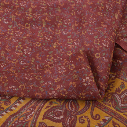 Sanskriti Vintage Sarees Indian Dark Red Pure Silk Printed Sari 5yd Craft Fabric