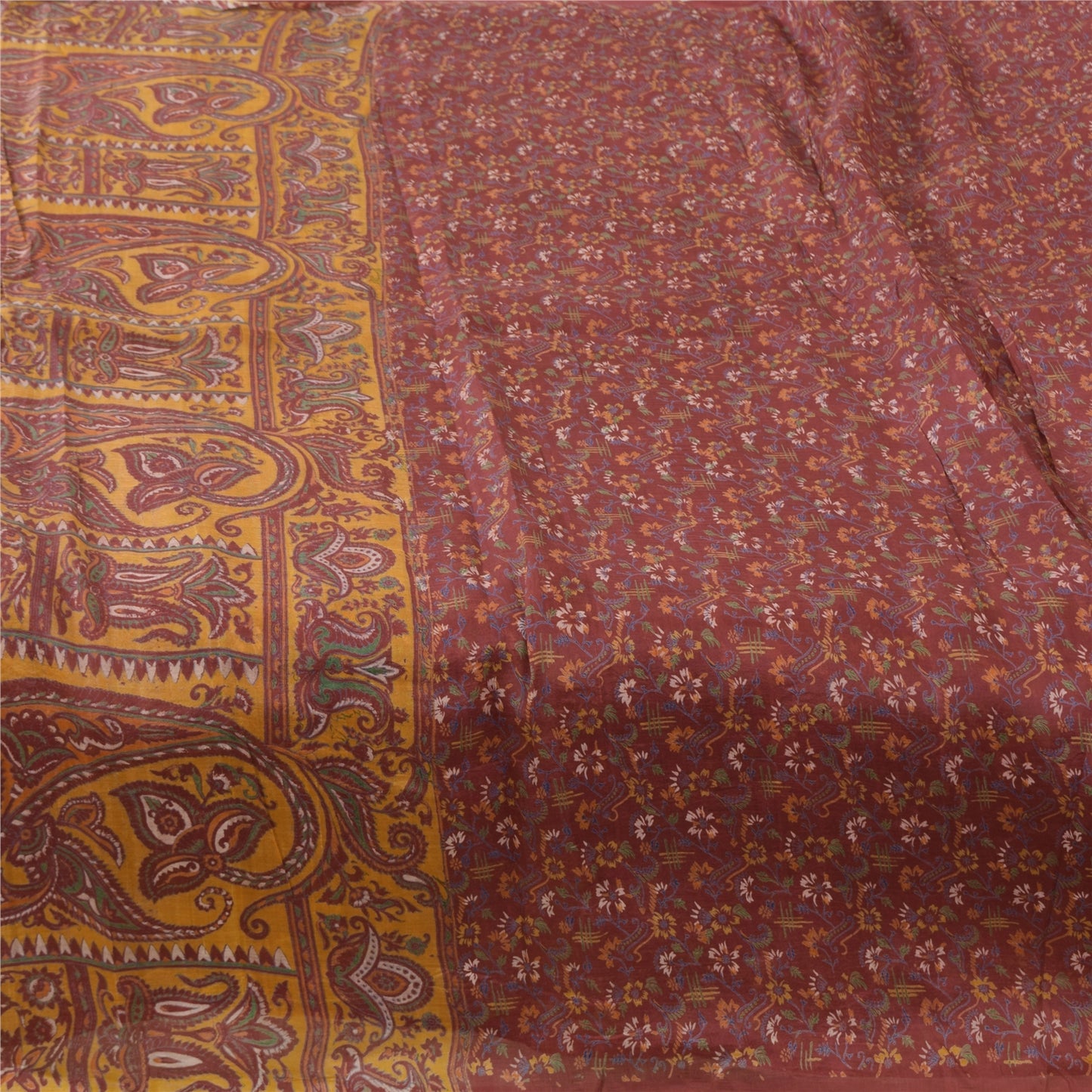 Sanskriti Vintage Sarees Indian Dark Red Pure Silk Printed Sari 5yd Craft Fabric